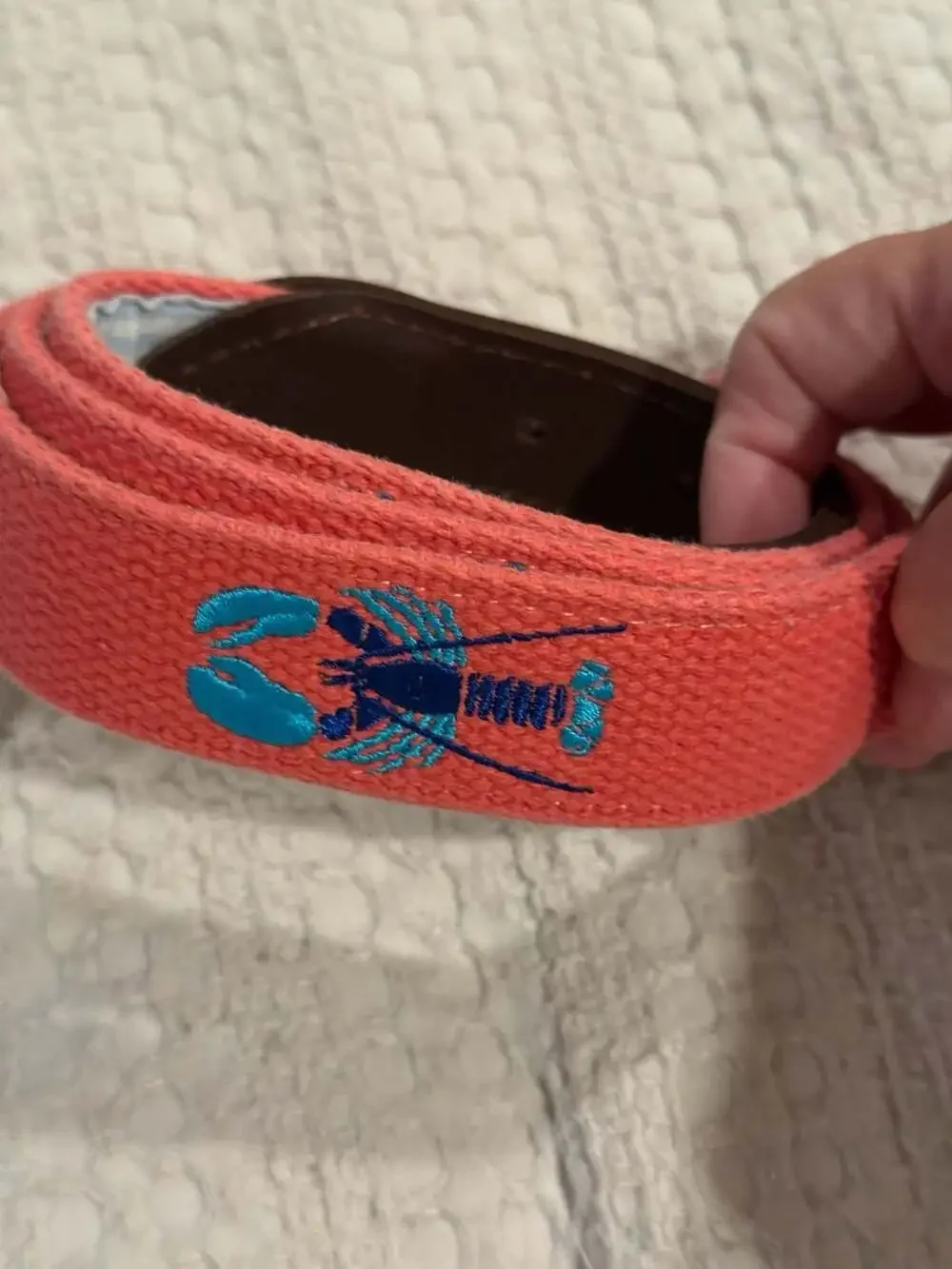 The Belted Cow Co. Pink Canvas Lobster Embroidered Belt
